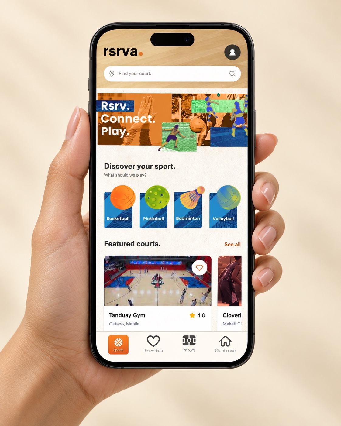 A hand holding an iPhone 18 Pro Max mockup showcasing the upcoming rsrva mobile app's original interface