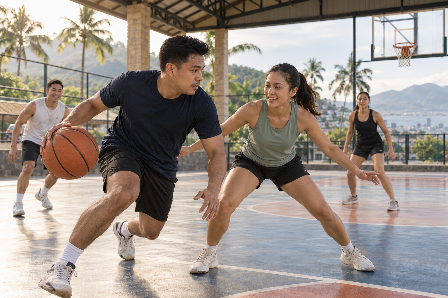 AI-created Filipino and Filipino-Chinese athletes playing basketball